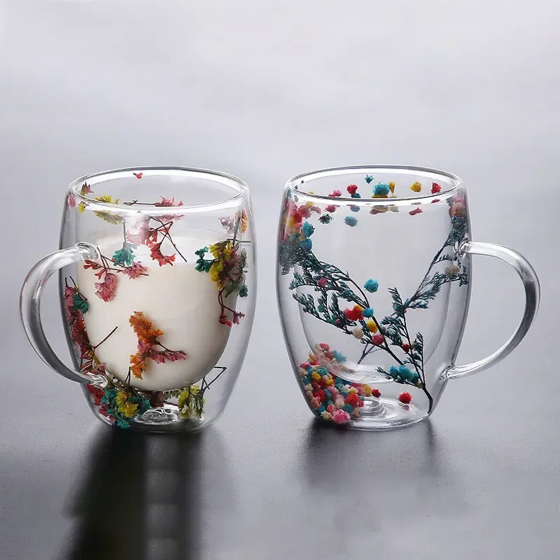 Fillings Dry Flowers Double Wall Glass Cup With Handle Heat Resistant Tea Coffee Cups Espresso Milk Mug Creative Gift