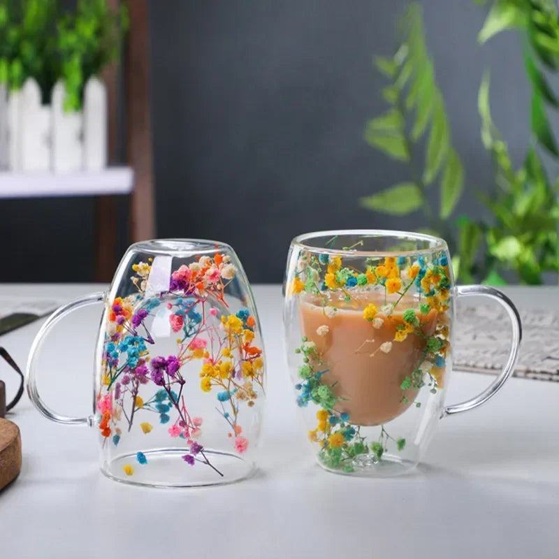 Fillings Dry Flowers Double Wall Glass Cup With Handle Heat Resistant Tea Coffee Cups Espresso Milk Mug Creative Gift
