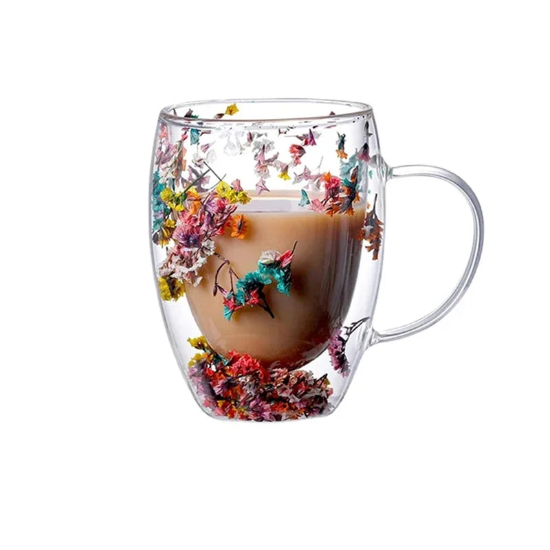 Fillings Dry Flowers Double Wall Glass Cup With Handle Heat Resistant Tea Coffee Cups Espresso Milk Mug Creative Gift
