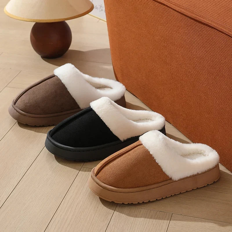Women's plush slippers winter outdoor, thick sole non-slip fur flip flops with fur collar, warm unisex house shoes for home use