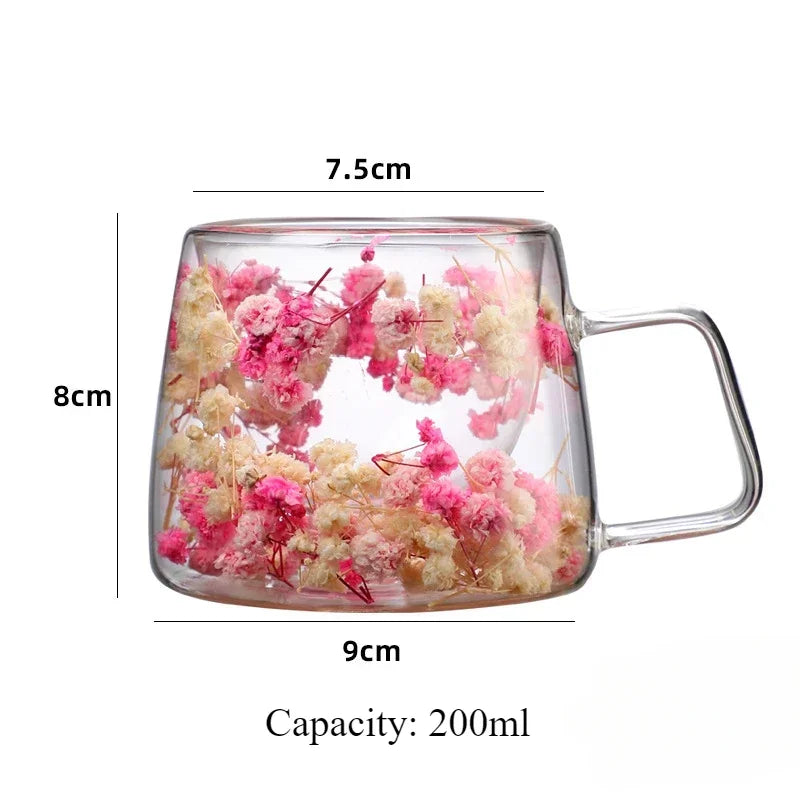 Double Wall Glass Cup 200ml Clear Flowers Pattern Milk Tea Coffee Mug with Handle Gifts Friends Home Water Cup Drinking Glasses