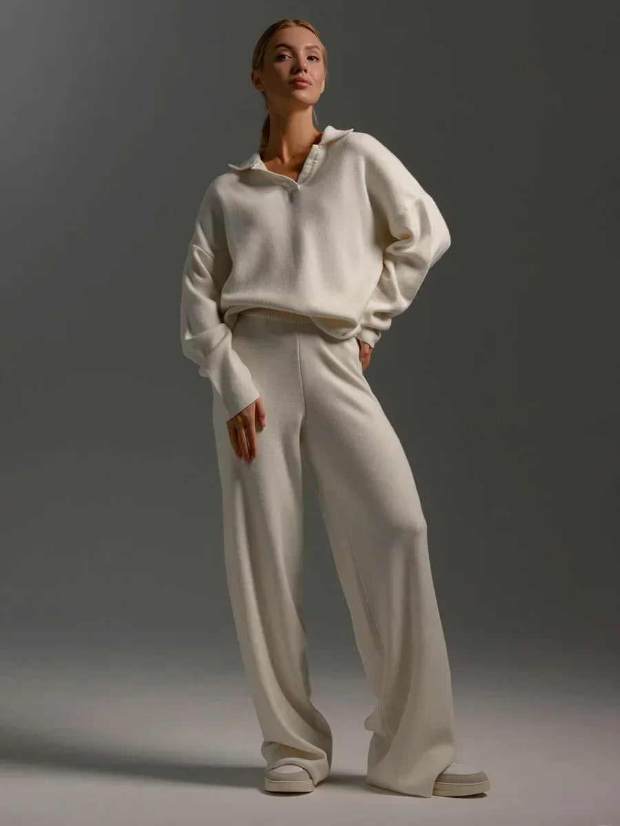 Women's Winter Thick Cashmere Knitted 2-Piece Set - Soft Polo Neck Sweater & Wide Leg Pants Outfit