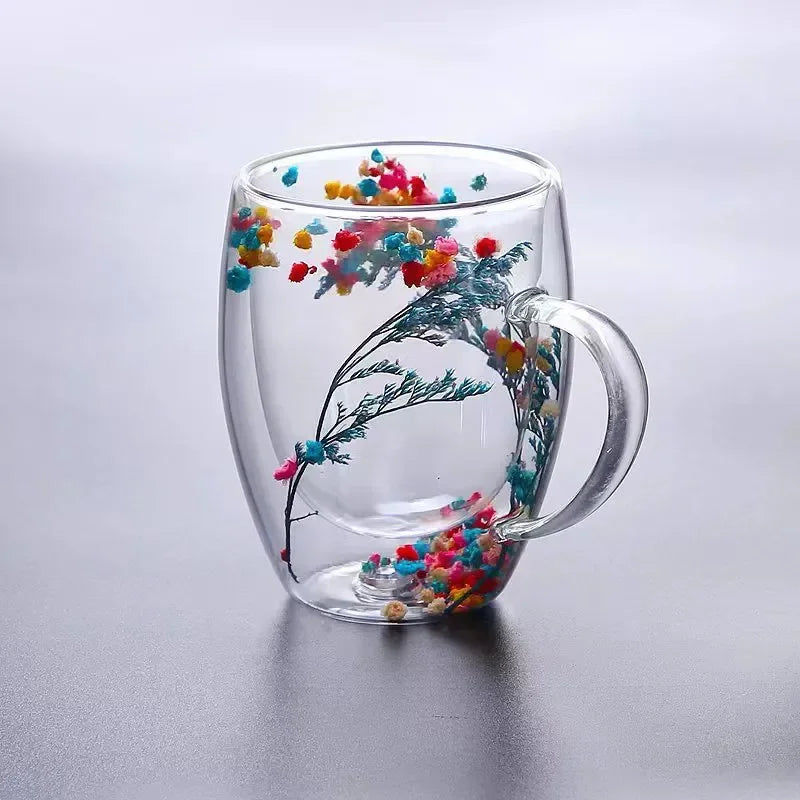 Fillings Dry Flowers Double Wall Glass Cup With Handle Heat Resistant Tea Coffee Cups Espresso Milk Mug Creative Gift