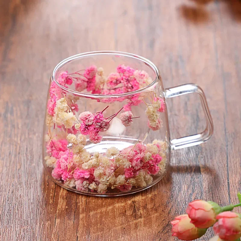 Double Wall Glass Cup 200ml Clear Flowers Pattern Milk Tea Coffee Mug with Handle Gifts Friends Home Water Cup Drinking Glasses