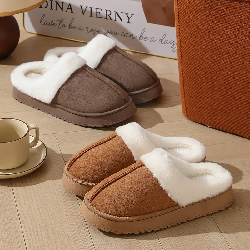 Women's plush slippers winter outdoor, thick sole non-slip fur flip flops with fur collar, warm unisex house shoes for home use