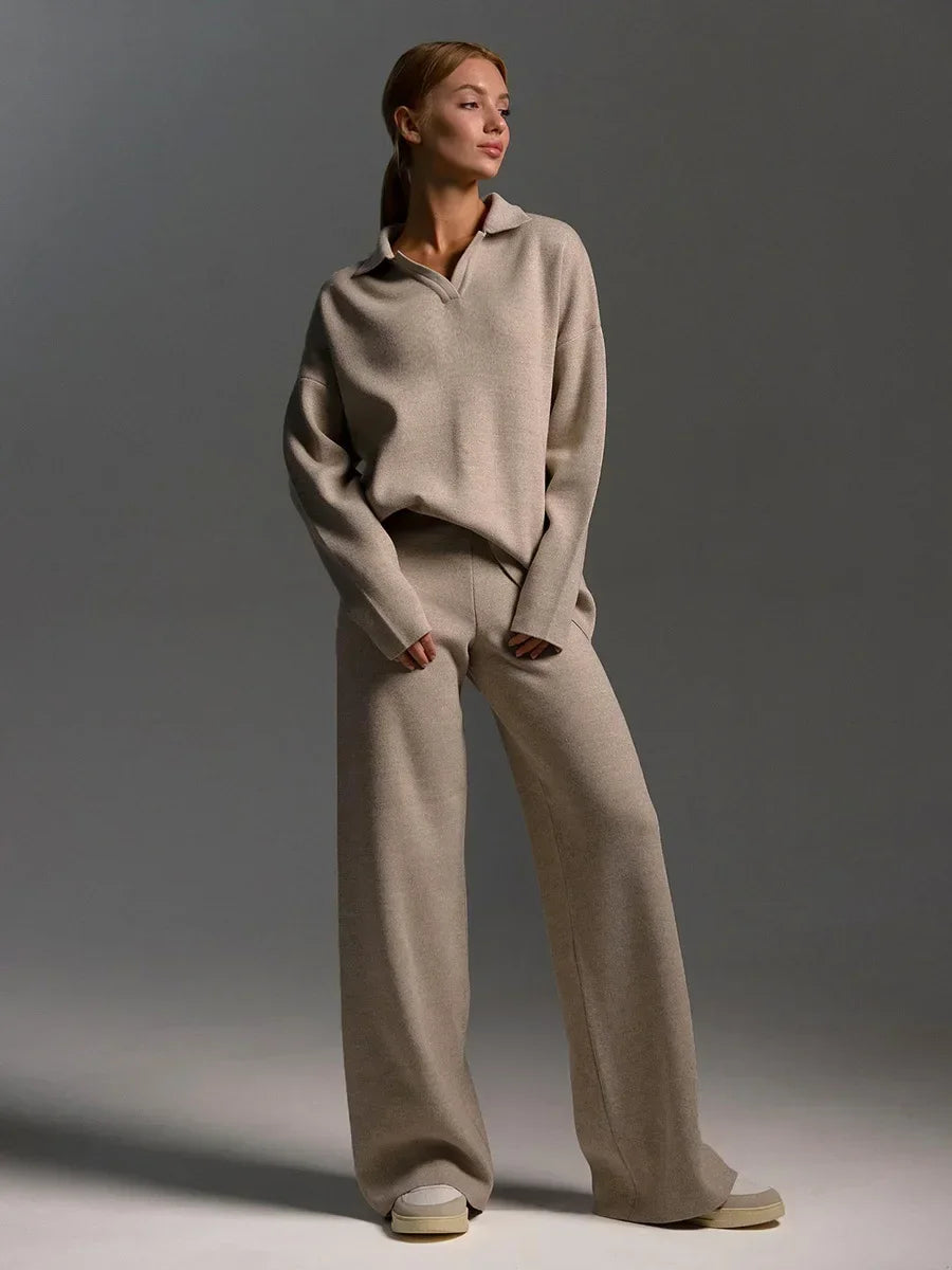 Women's Winter Thick Cashmere Knitted 2-Piece Set - Soft Polo Neck Sweater & Wide Leg Pants Outfit
