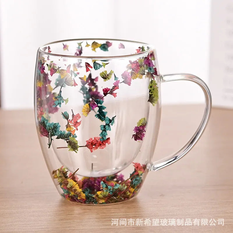 Fillings Dry Flowers Double Wall Glass Cup With Handle Heat Resistant Tea Coffee Cups Espresso Milk Mug Creative Gift